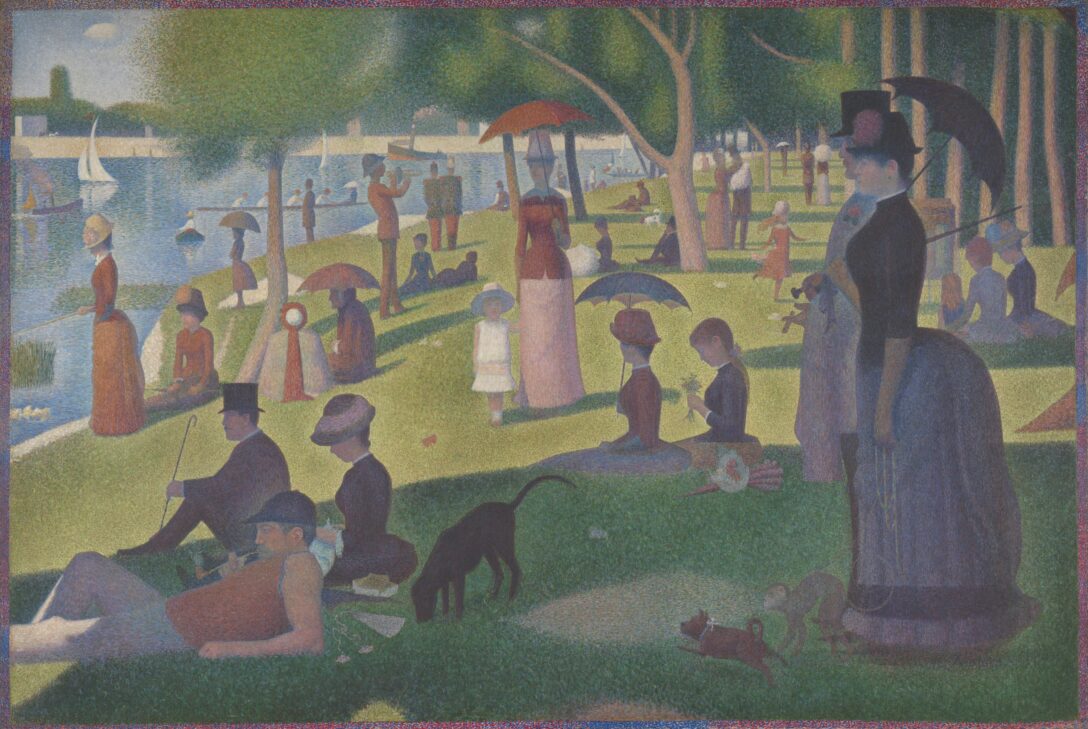 Seurat's pointillism painting of individuals enjoying a relaxing afternoon on green grass adjacent to a body of water.