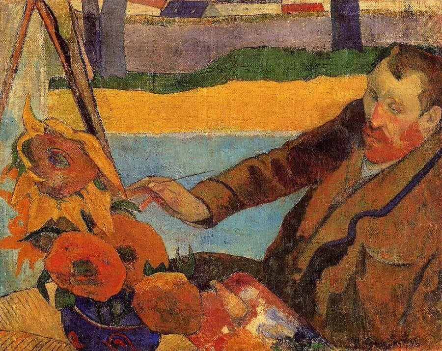 Gauguin's painting of his close friend Vincent van Gogh working on his famous painting of sunflowers.