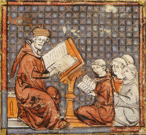 Teacher instructing students in the Medieval Era.