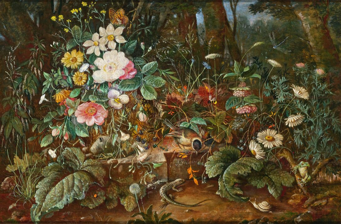 Painting of the forest floor with flowers, insects, birds, frogs, and more.