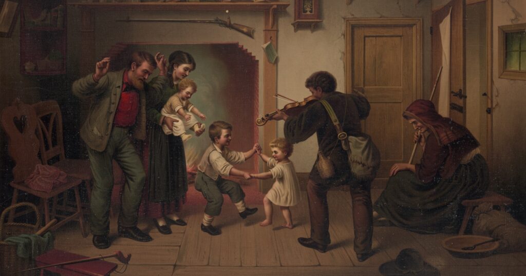 Painting of a family singing and dancing in their home