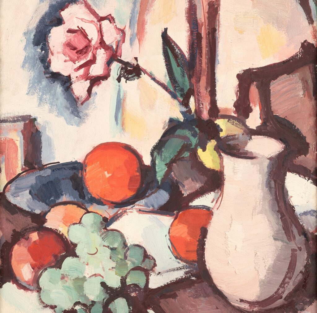 Still life with flowers, vase, grapes, and oranges